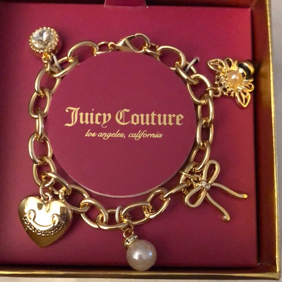 Juicy Couture Gold Tone Charm Bracelet Heart, Bow, Crystal, Faux Pearl & Bee NIB - Picture 1 of 12